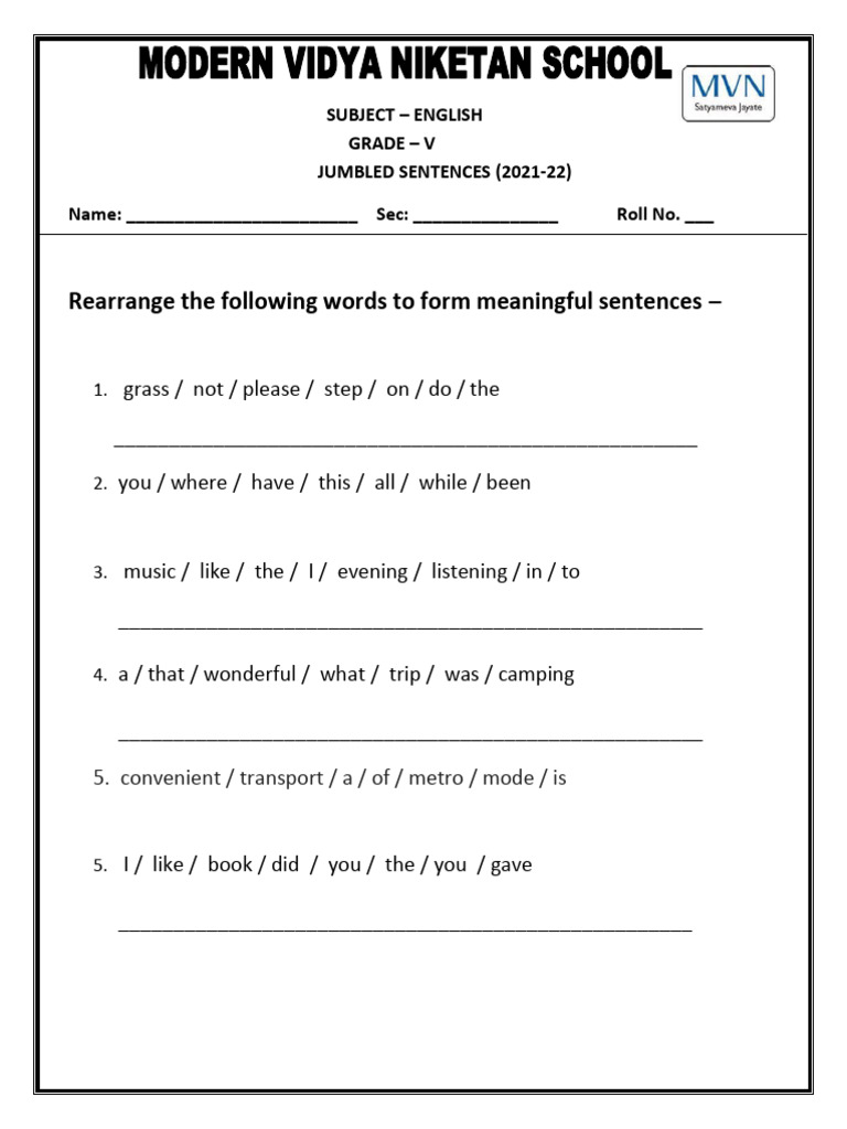 Grade V English Jumbled Sentences Exercise | PDF