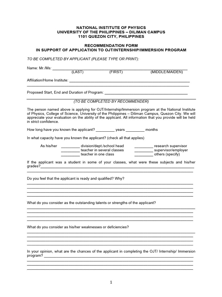 OJT Internship Recommendation Form | PDF | Cognition | Psychology