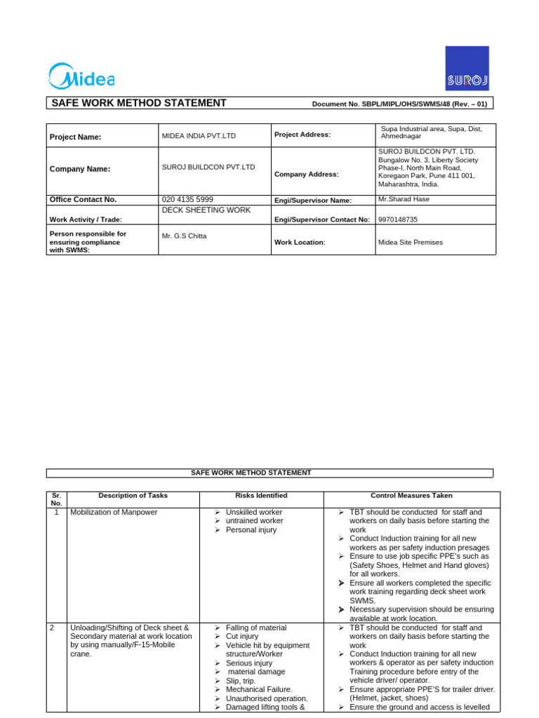 Safe Work Method Statement for Deck Sheeting | PDF | Personal ...