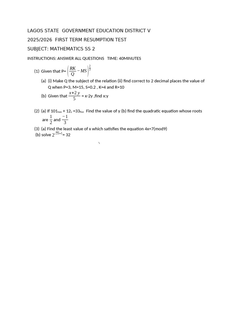Eddv 2025 First Term Resumption Test Mathematics Ss2 | PDF