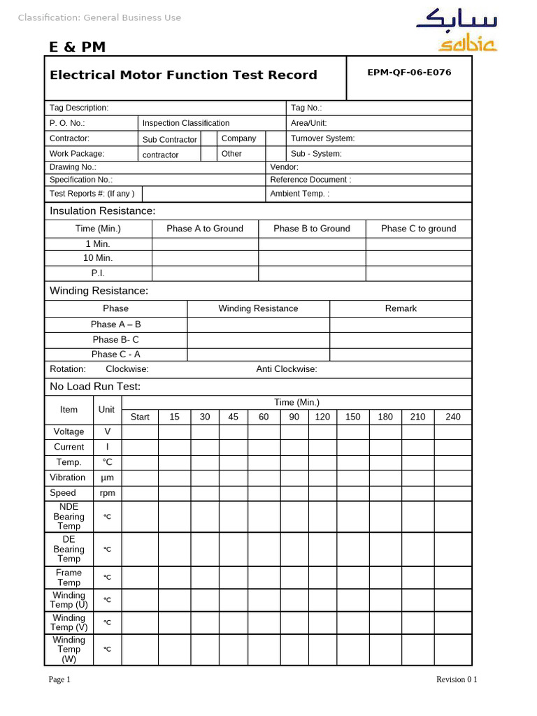 EPM QF 06 E076 Electrical Motor Function Test Record | PDF | Electric ...