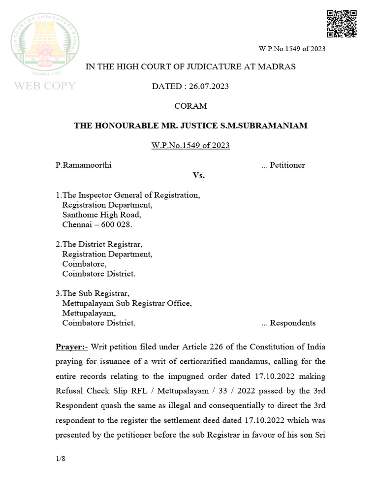 Coimbatore Registration Writ Petition Outcome | PDF | Public Law ...