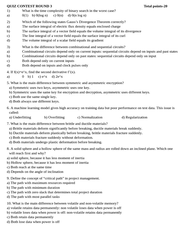 Quiz Contest Round 3 Questions | PDF | Divergence | Ductility