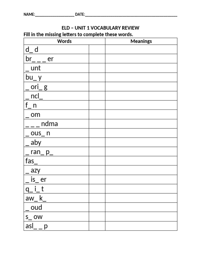 ELD Unit 1 Vocabulary Review Worksheet | PDF