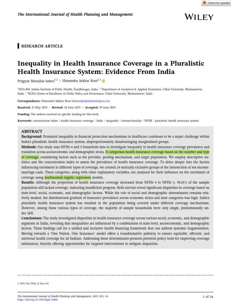 Inequality in Health Insurance Coverage in A Pluralistic Health ...