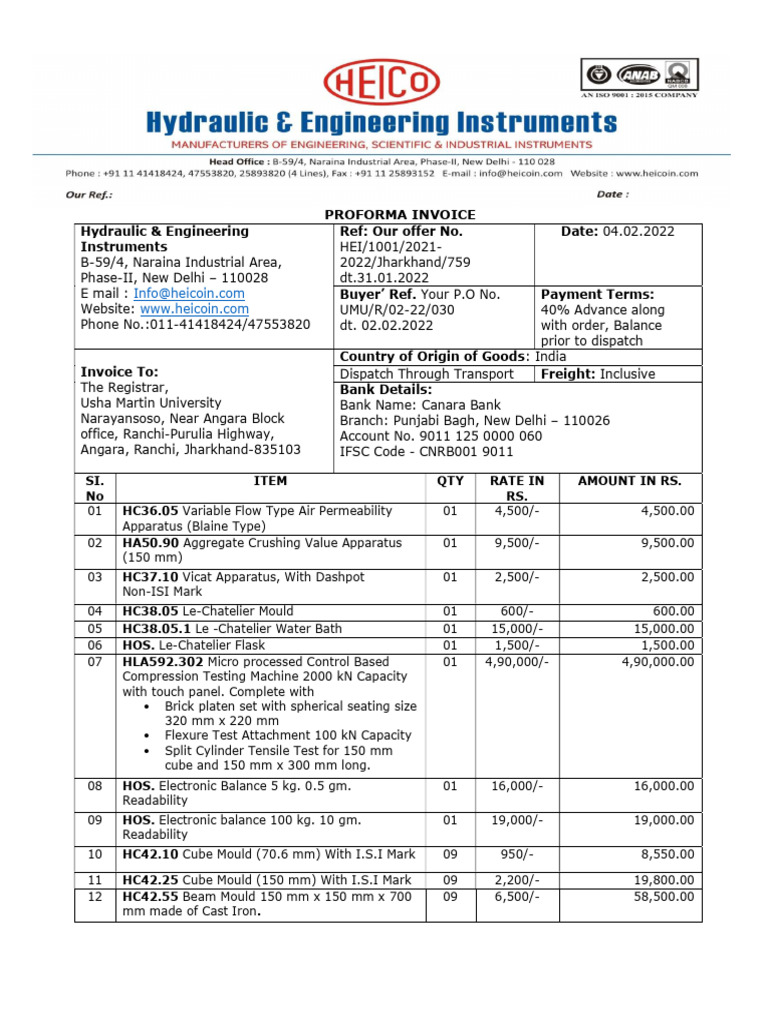 Proforma Invoice for Engineering Instruments | PDF | Mechanical Engineering