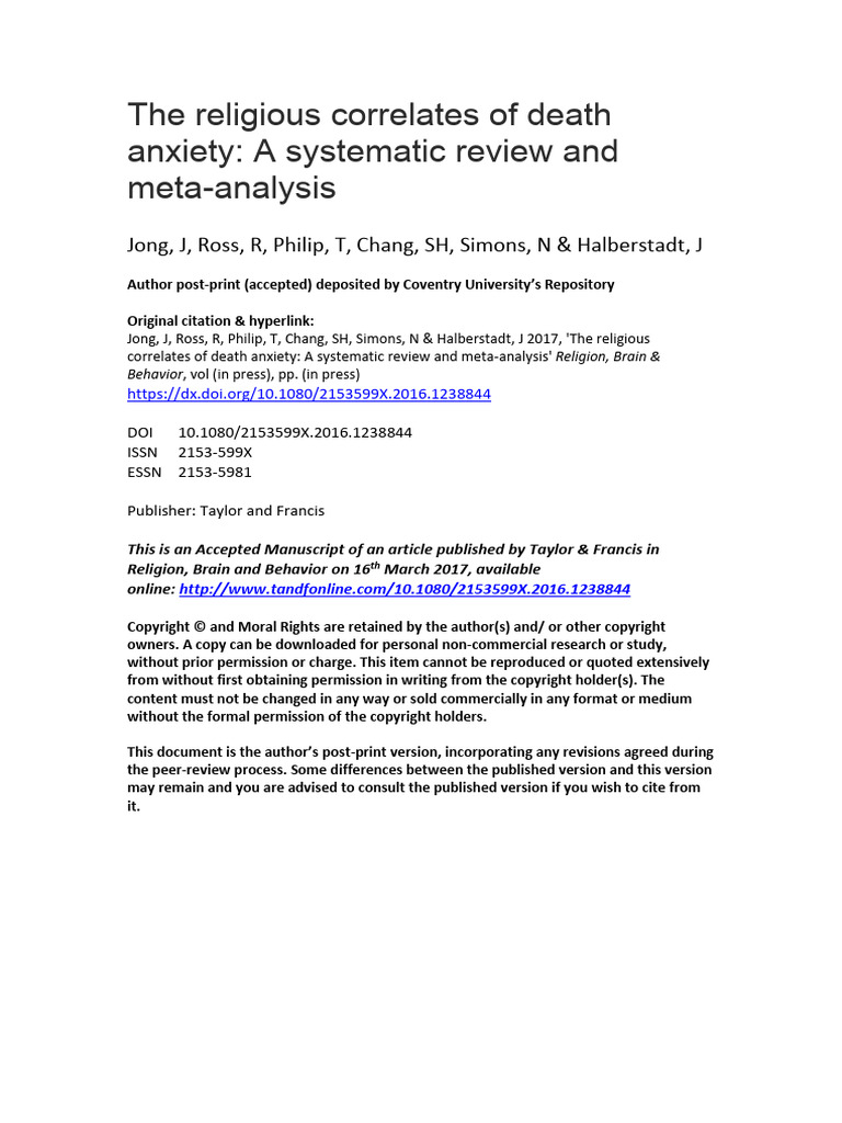 Religious Factors in Death Anxiety Analysis | PDF | Effect Size | Fear
