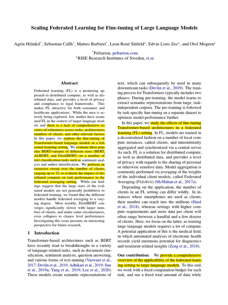 2021-Scaling Federated Learning For Fine-Tuning of Large Language ...