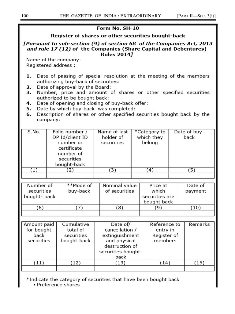 SH-10 Form for Share Buyback | PDF | Securities (Finance) | Market ...