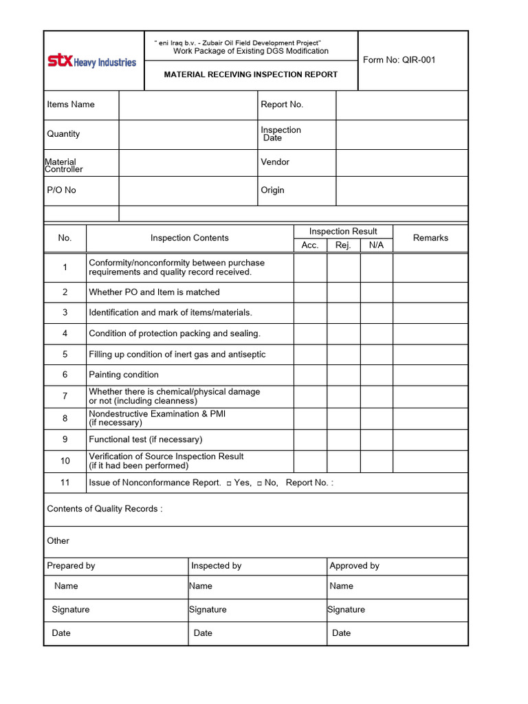 Zubair Oil Field Material Inspection Report | PDF