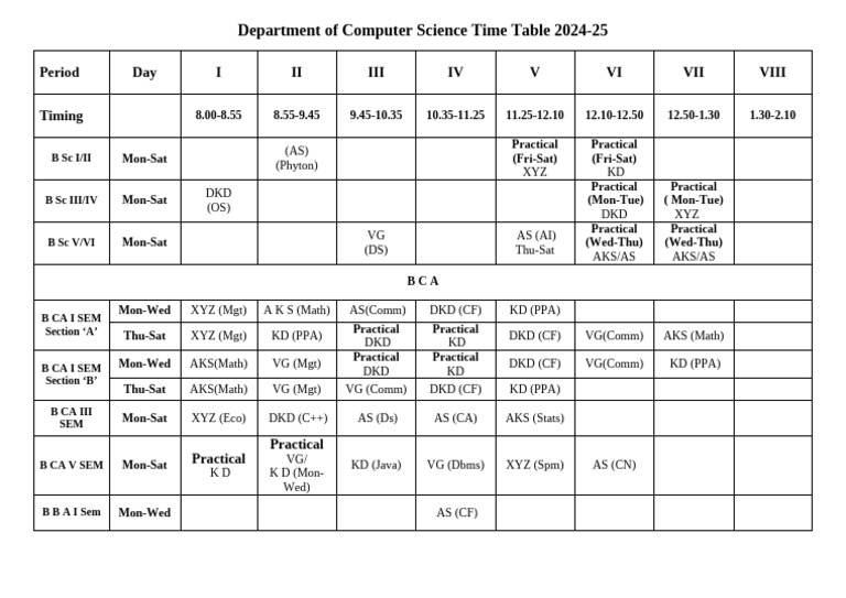 BCA Time Table 2024-25 | PDF