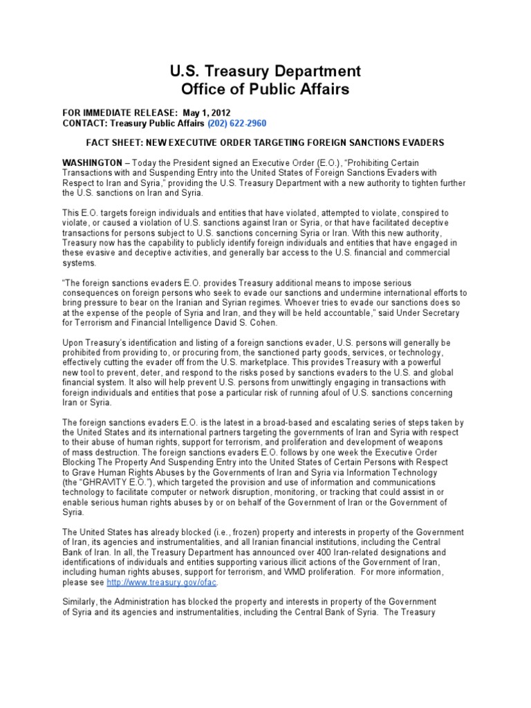 US Treasury Department Fact Sheet New Executive Order Targeting