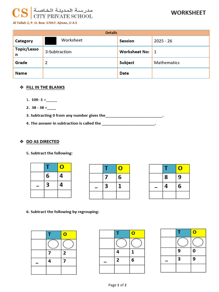 Grade 2 Maths Subtraction Worksheet | PDF | Chess Theory | Chess