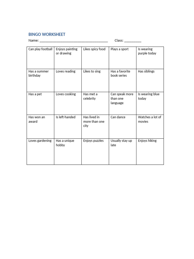 Bingo Worksheet | PDF