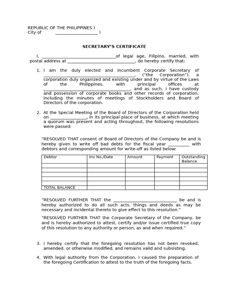 Corporate Secretary's Certificate Template | PDF