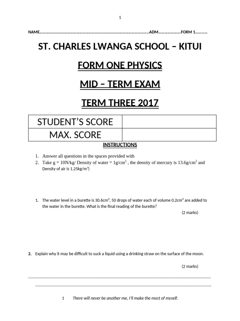 Form One Physics Mid-Term Exam 2017 | PDF | Density | Liquids