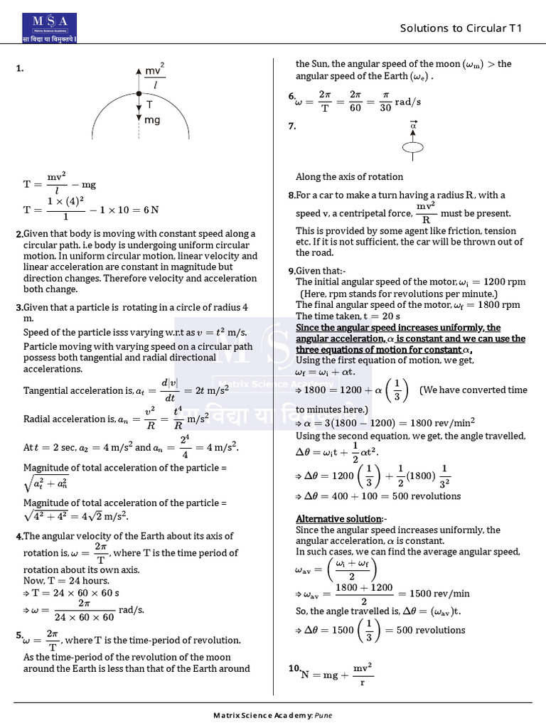 Circular Motion Solutions and Concepts | PDF | Acceleration | Rotation ...