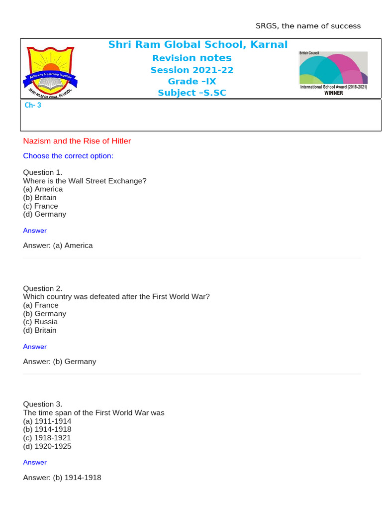 Nazism and Hitler's Rise: Grade IX Notes | PDF | Nazi Germany | Adolf ...