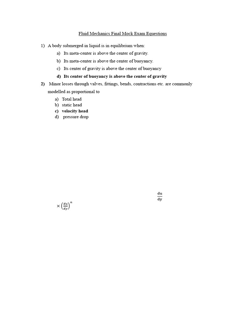 Fluid Mechanics Mock Exam Questions | PDF | Buoyancy | Soft Matter