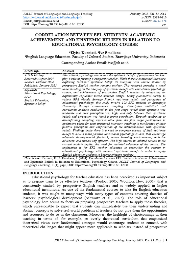 EFL Students' Achievement and Epistemic Beliefs | PDF | Epistemology ...
