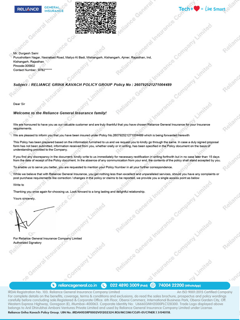 Reliance Griha Kavach Policy Details | PDF | Insurance | Infection