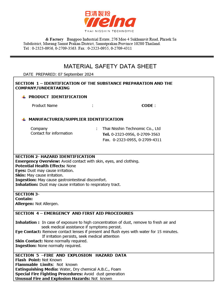 Predust Material Safety Data Sheet | PDF | Hazards | Waste