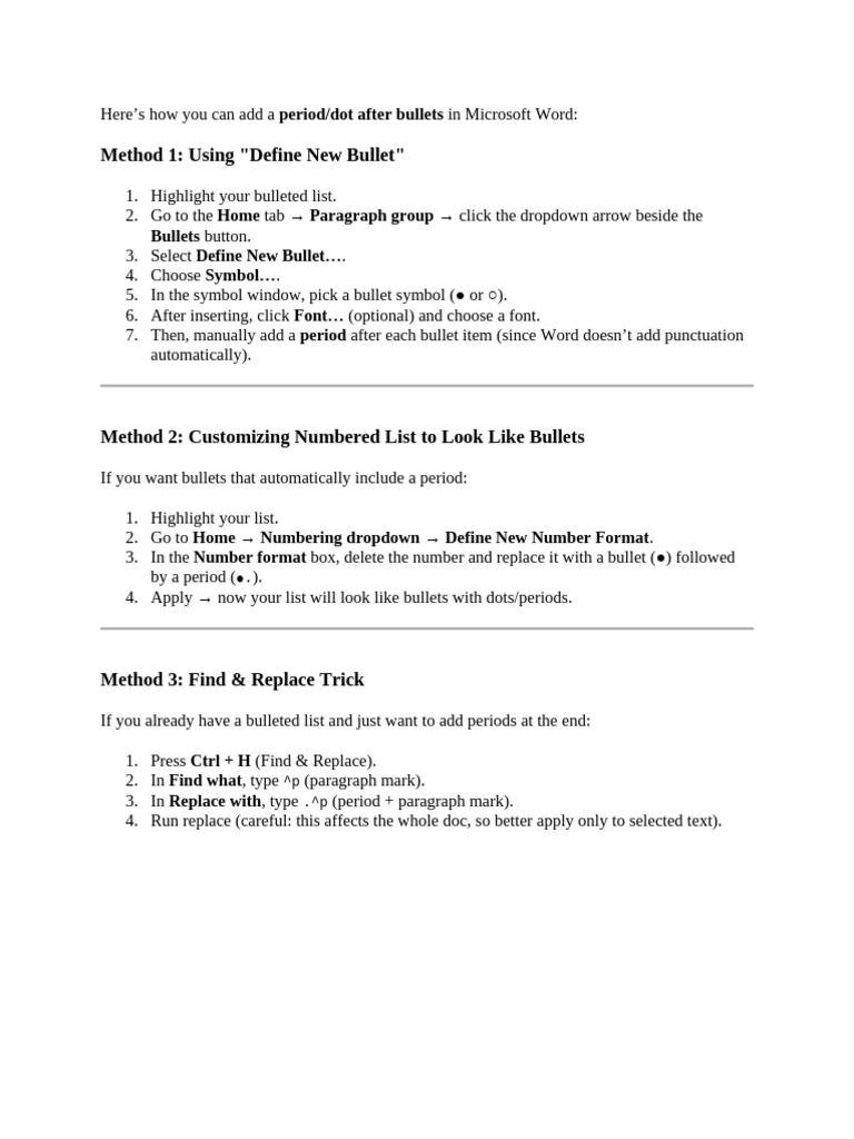 Add Periods to Bullets in Word | PDF