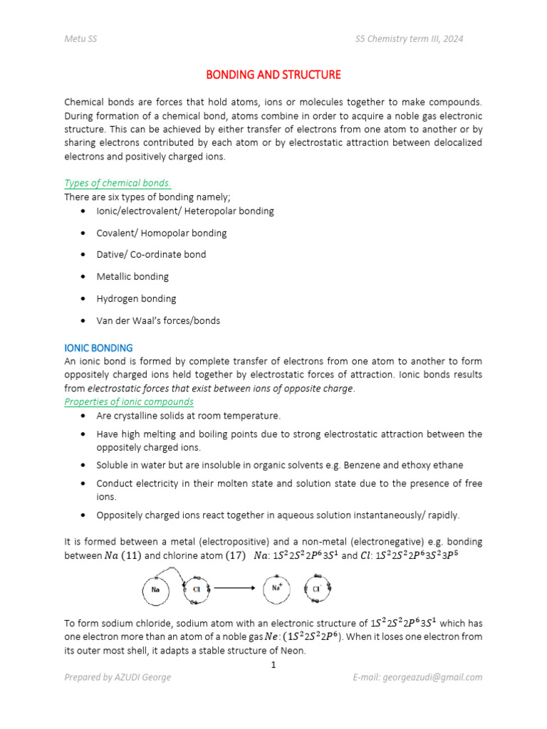 Structure and Bonding in Chemistry 2024 | PDF | Ion | Chemical Bond