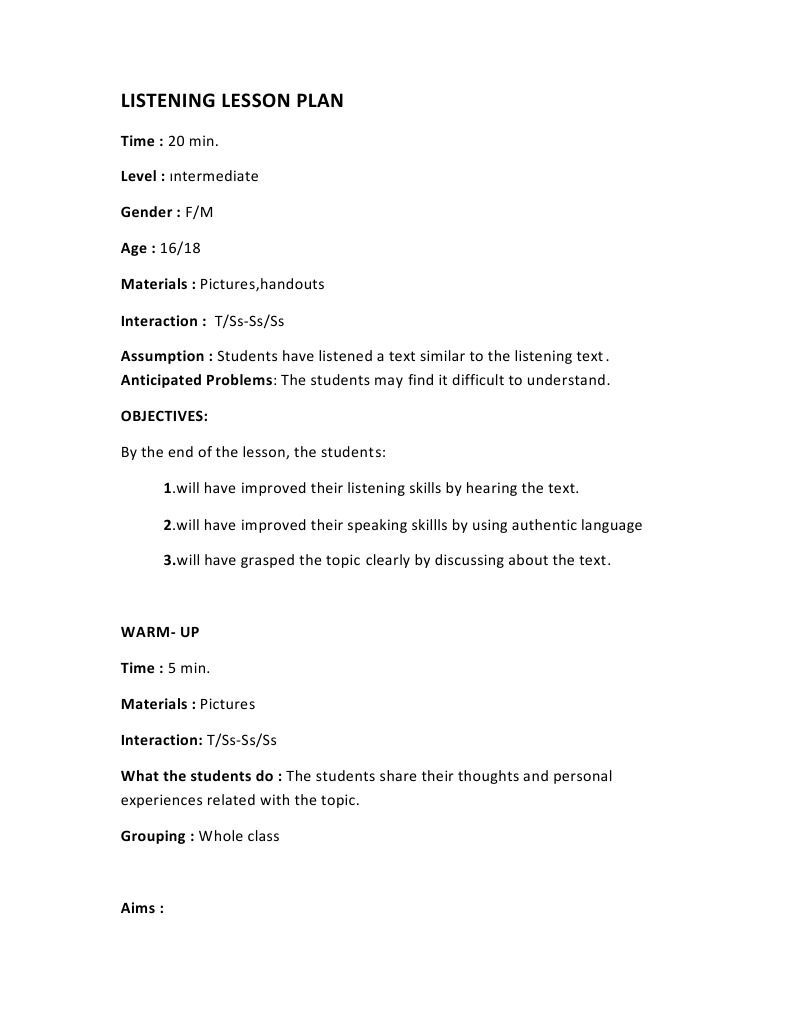 Listening Lesson Plan | PDF | Teachers | Lesson Plan