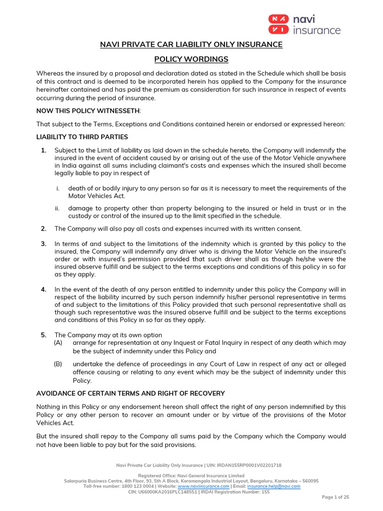 Navi Private Car Liability Insurance Policy | PDF | Indemnity | Insurance