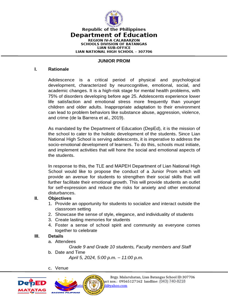 Lian National High School Junior Prom 2024 | PDF | Adolescence | Mental ...