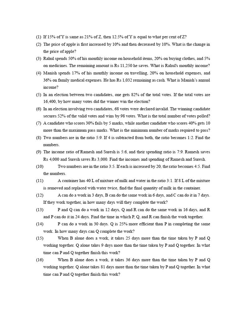 Percentage and Income Problem Set | PDF | Income | Economies