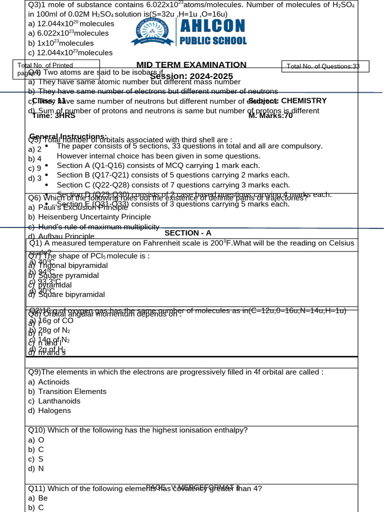 Class 11 Chemistry Midterm Exam 2024-25 | PDF | Chemical Bond ...