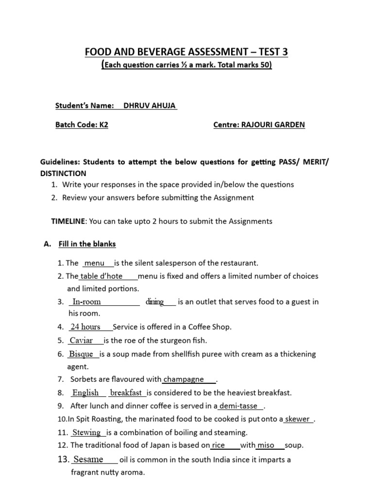 Food and Beverage Assessment Test 3 | PDF | Sauce | Menu