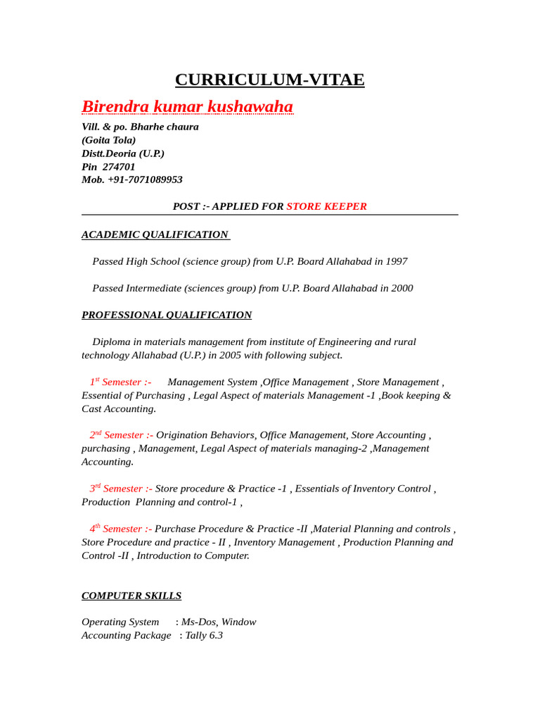 Store Keeper CV of Birendra Kumar | PDF