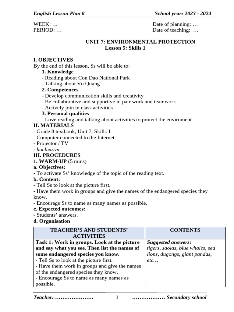 Unit 7 - Lesson 5 - Skills 1 | PDF | Vocabulary | Lesson Plan