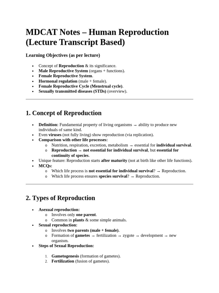 MDCAT Notes: Human Reproduction Overview | PDF | Testicle | Reproduction