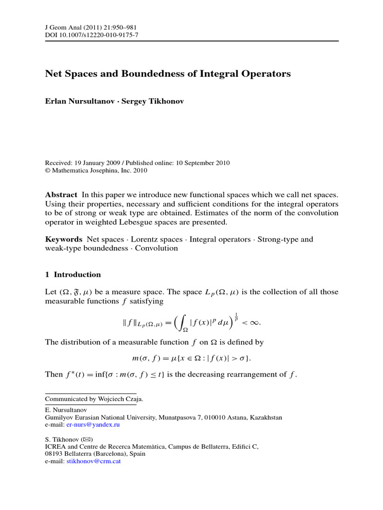 Net Spaces and Integral Operators Analysis | PDF | Mathematical ...