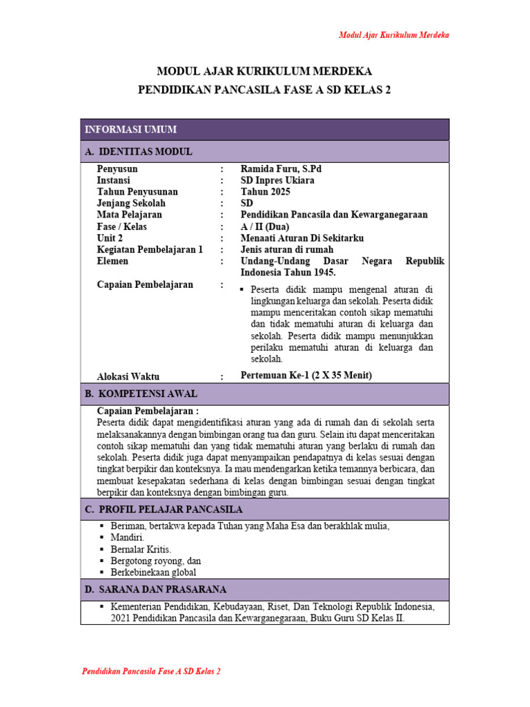Modul Ajar Pancasila Kelas 2 SD | PDF