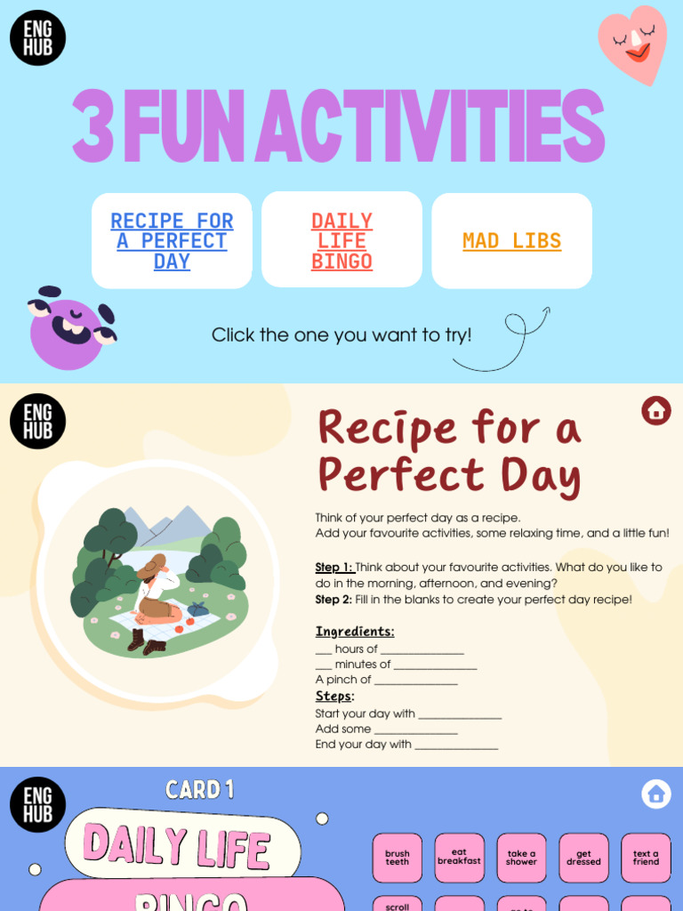 Fun Daily Activities: Bingo & Mad Libs | PDF | Adjective | Phrase