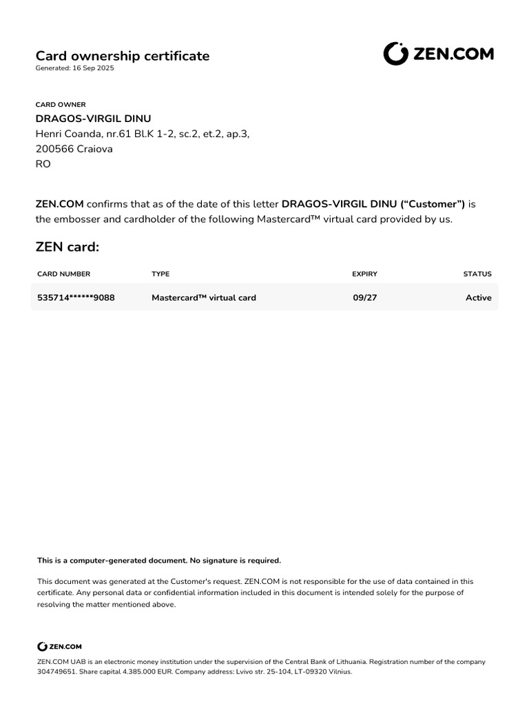 Mastercard Virtual Card Ownership Certificate | PDF
