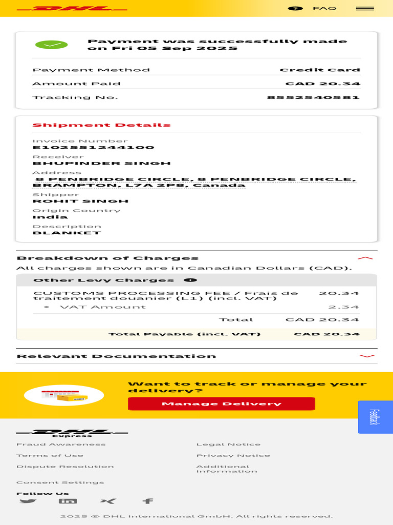DHL Payment Confirmation Details | PDF