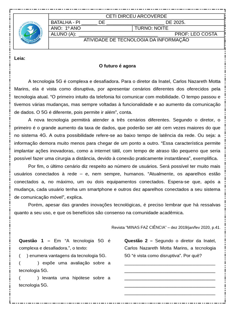 Interpretacao de Texto O Futuro e Agora 8º Ano Word | PDF | Informática