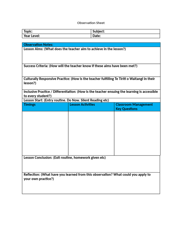 Observation Sheet Template | PDF