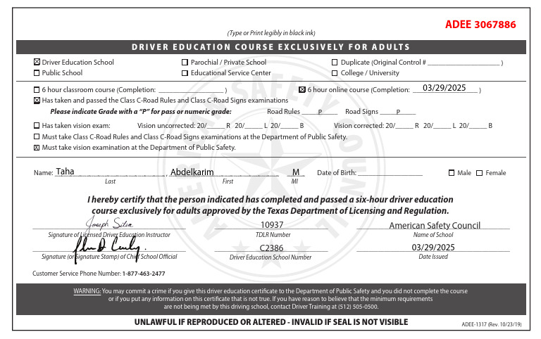 Texas Adult Driver Ed Certificate Expiration | PDF | Driving