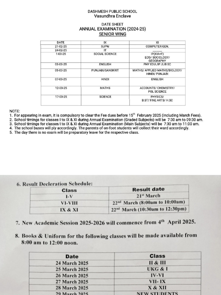 Annual Exam Date Sheet (IX-XI) | PDF