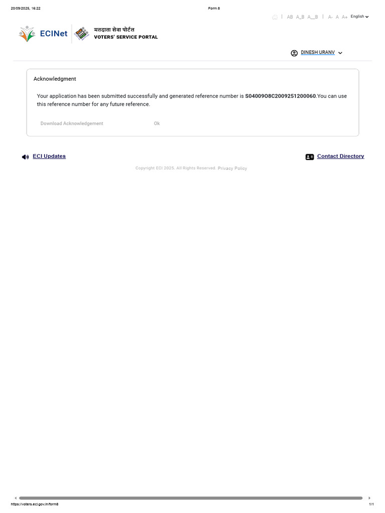 ECI Form 8 Acknowledgment Receipt | PDF