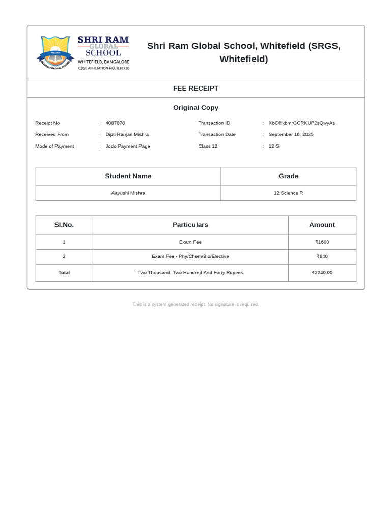 SRGS Whitefield Class 12 Fee Receipt | PDF