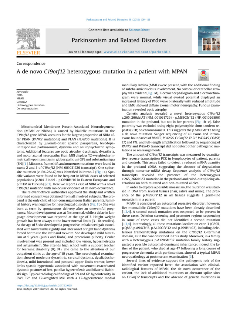 A de Novo C19orf12 Heterozygous Mutation in A Patient With MPAN | PDF ...