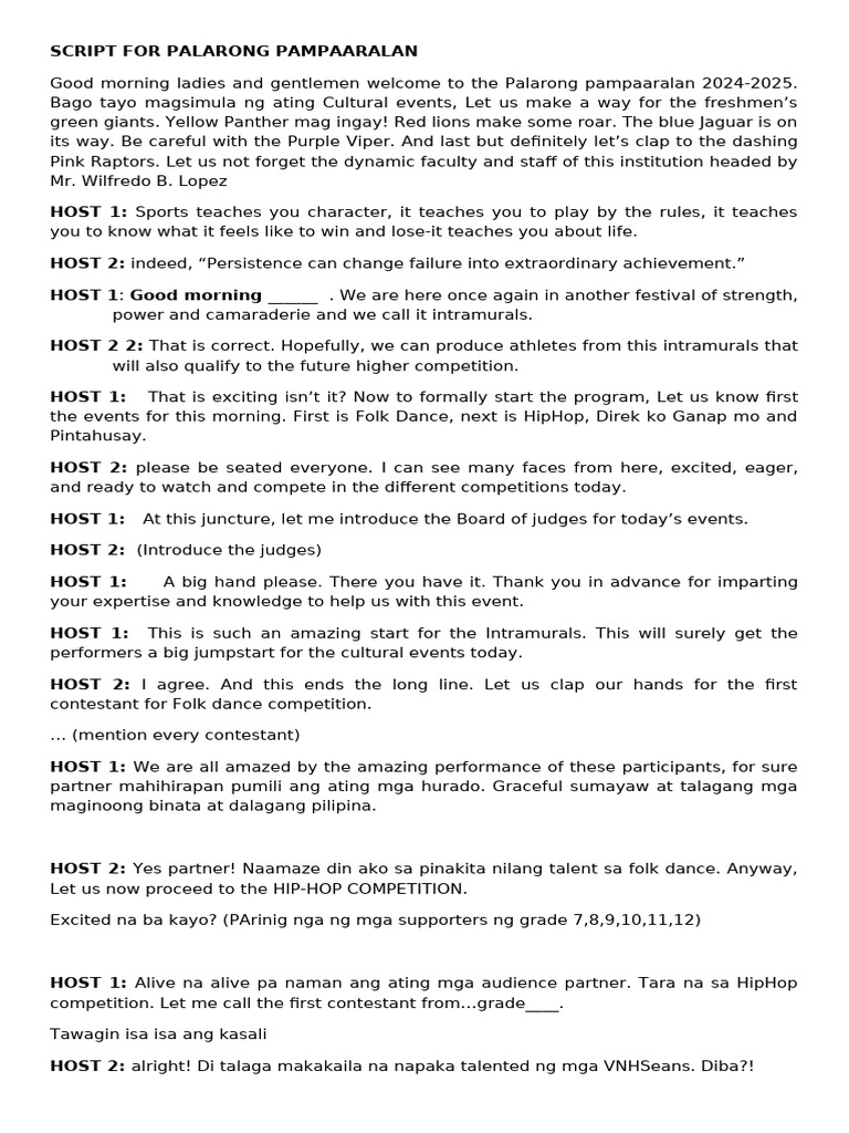 Palarong Pampaaralan 2024-2025 Script | PDF